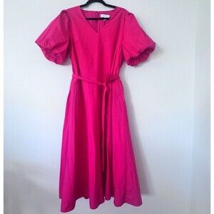 Banana Republic Pink Cotton Maxi Dress L Puff Sleeve Flowy Tie Waist V-Neck Belt